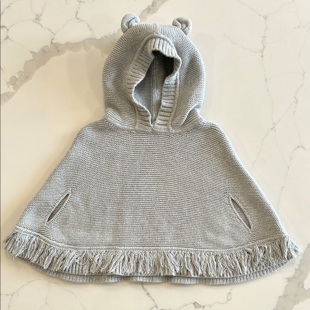 NWOT GAP Gray Hooded Poncho with Fringe and Animal Ears